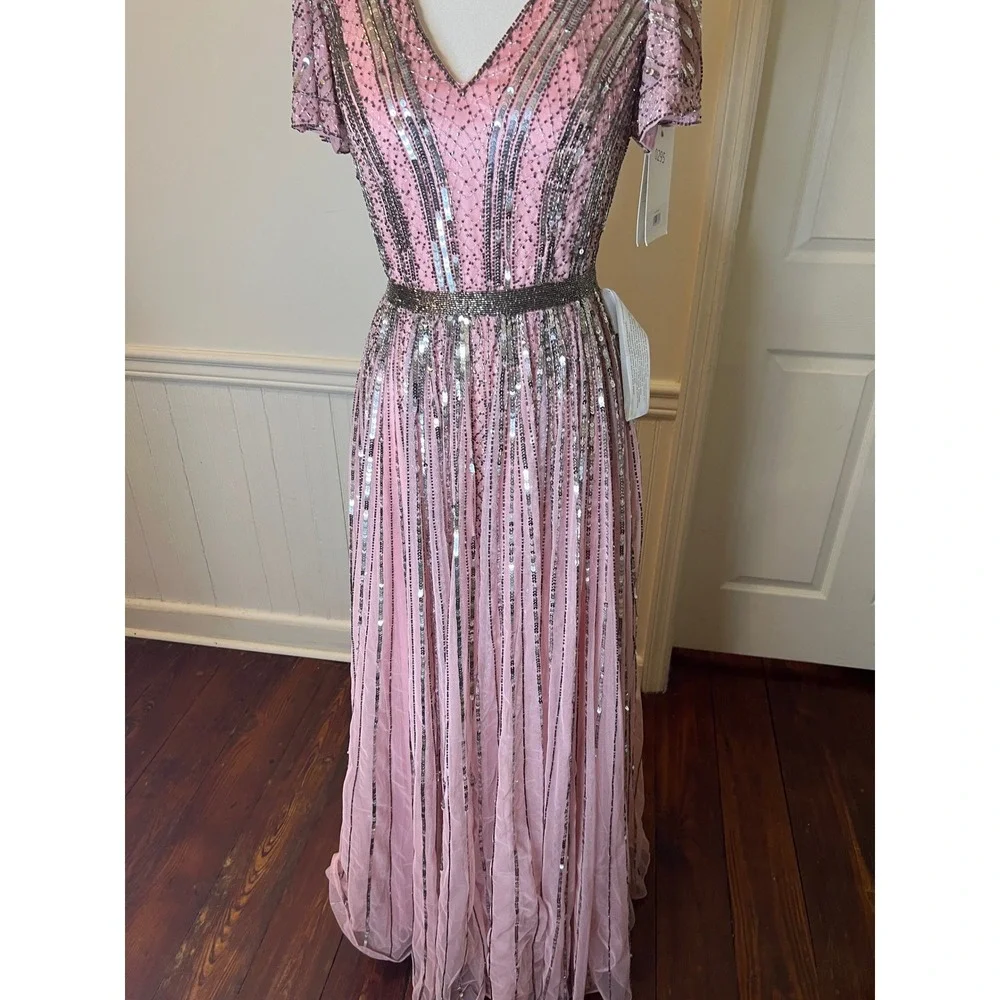 Mac Duggal 70108 Rose Pink Sequin Beaded Flutter Sleeve V-Neck Gown Dress size 4 - Picture 7 of 14